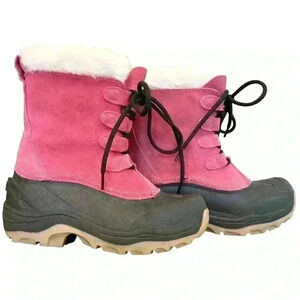 Lands’ End Snow Boots Leather Faux Shearling White Pink Black Girls Size 2